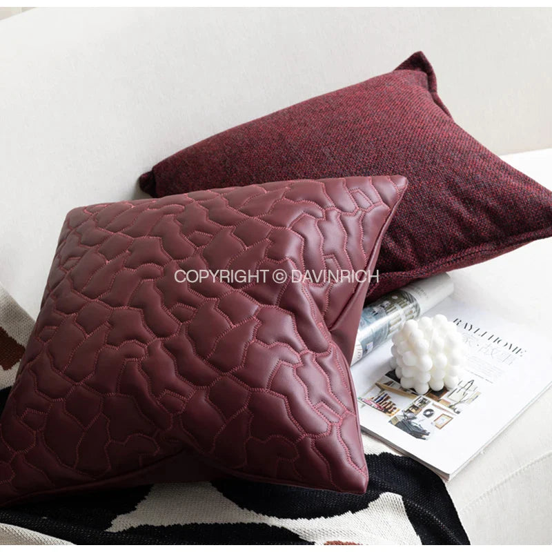 Afralia™ Retro Bordeaux Red Faux Leather Quilted Throw Pillow for Couch Sofa