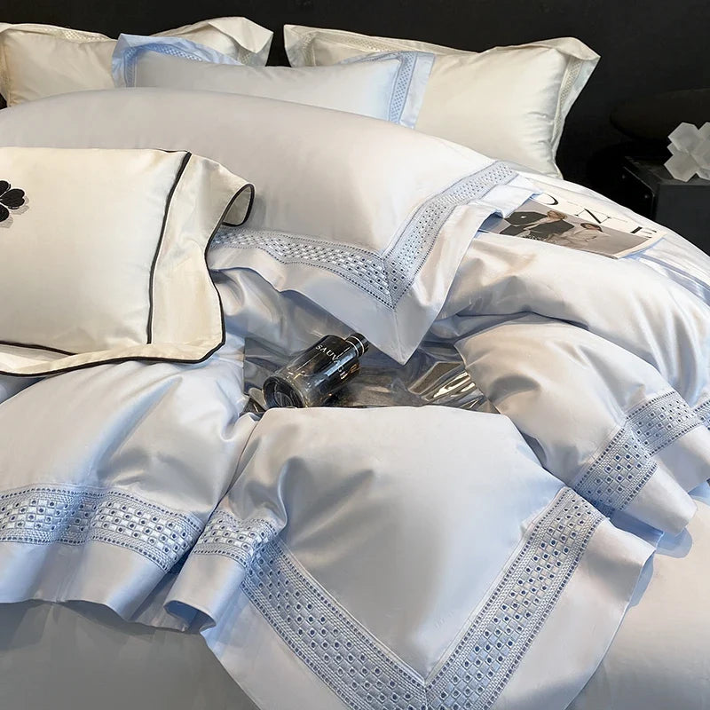 Afralia™ Luxury Hollow Edge Egyptian Cotton Bedding Set, White/Grey/Pink/Blue, 4-Piece