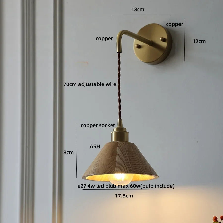 Afralia™ Ash Wood LED Wall Lamp with Pull Chain Switch for Home Decor