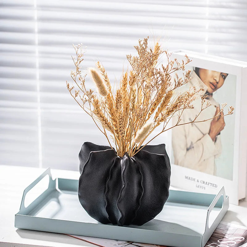 Afralia™ Wrinkle Pattern Ceramic Vase Handicraft Petal Flower Home Decor