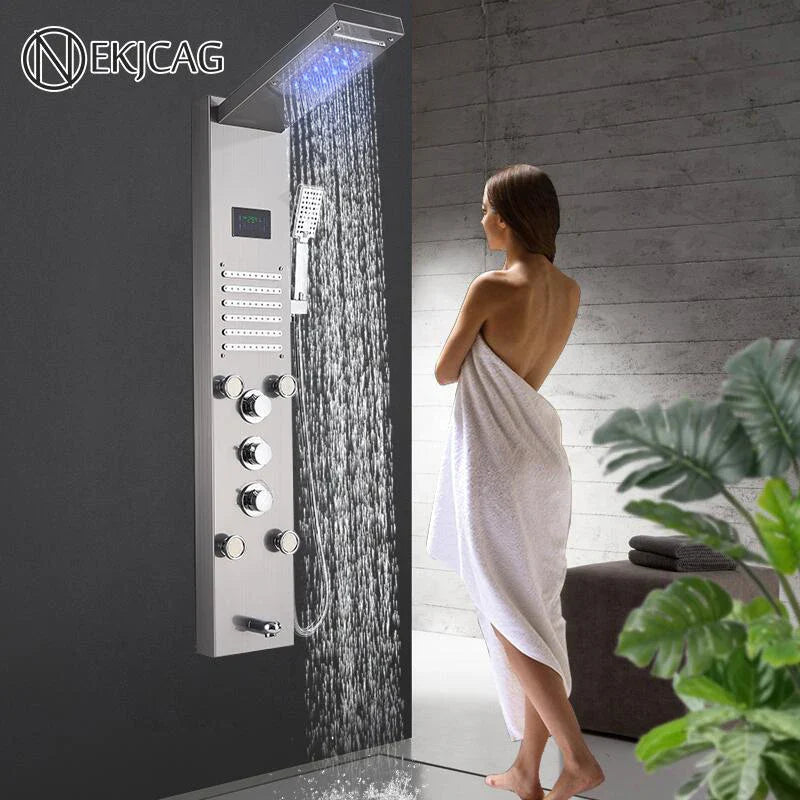 Afralia™ Stainless Steel Shower Panel LED Rain Waterfall Faucet Tower Mixer Tap