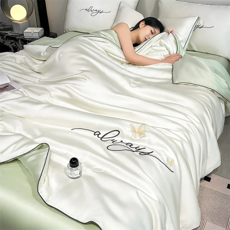 Afralia™ Nordic Style Floral Embroidered Ice Silk Comforter Set for Cooling Luxury Experience.