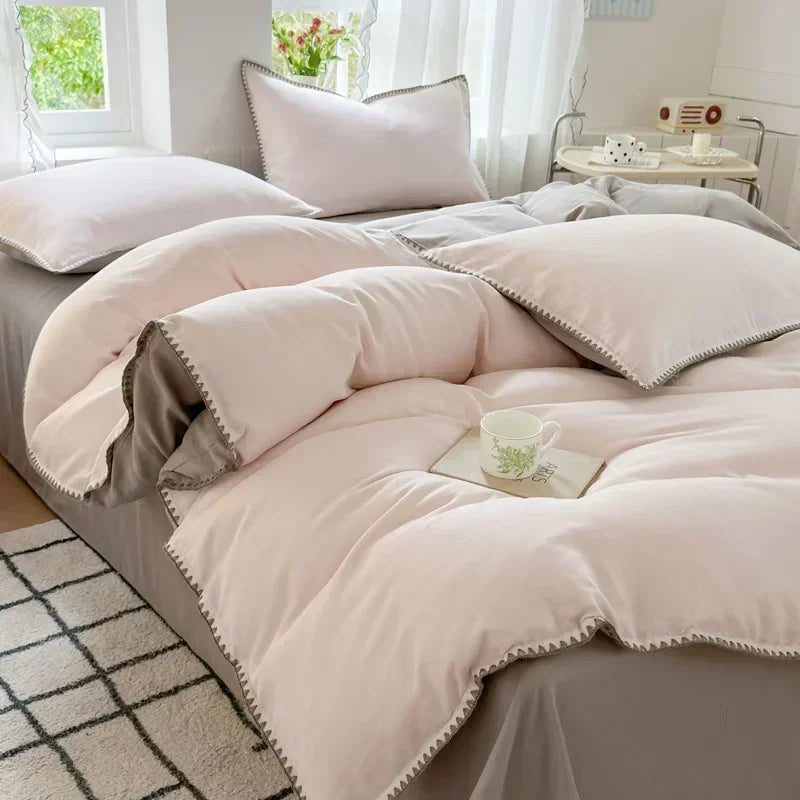 Afralia™ Double-Layer Cotton Bedding Set - Soft, Skin-Friendly Solid Cover for Single Queen Bed
