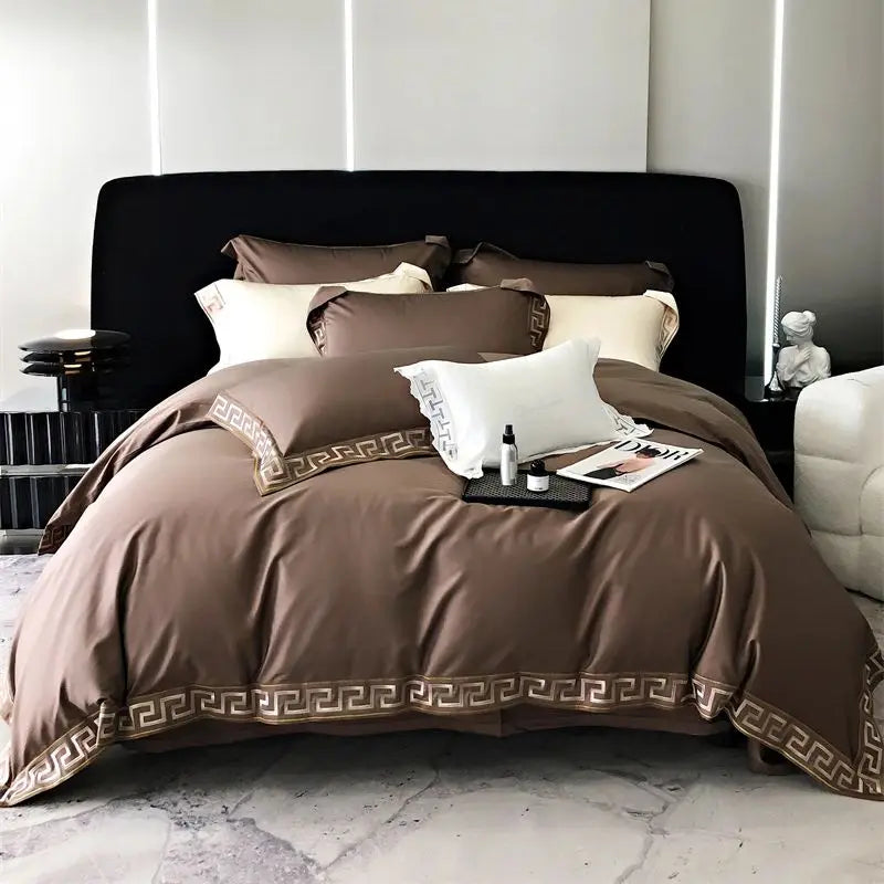 Afralia™ Gold Embroidery Duvet Set, Black Egyptian Cotton Bedding, 1000TC, Double King Queen