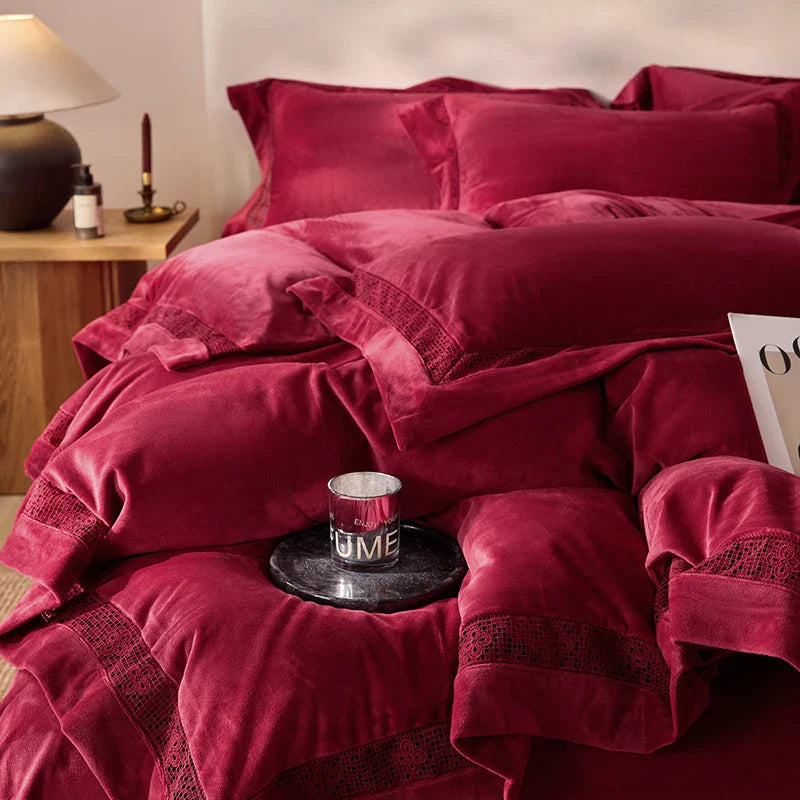 Luxury Gold Velvet Lace Duvet Bedding Set by Afralia™, Cozy Furry Winter Collection