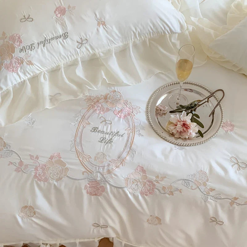 Afralia™ 4Pcs Flowers Embroidery Princess Queen Bedding Set with Lace Ruffles