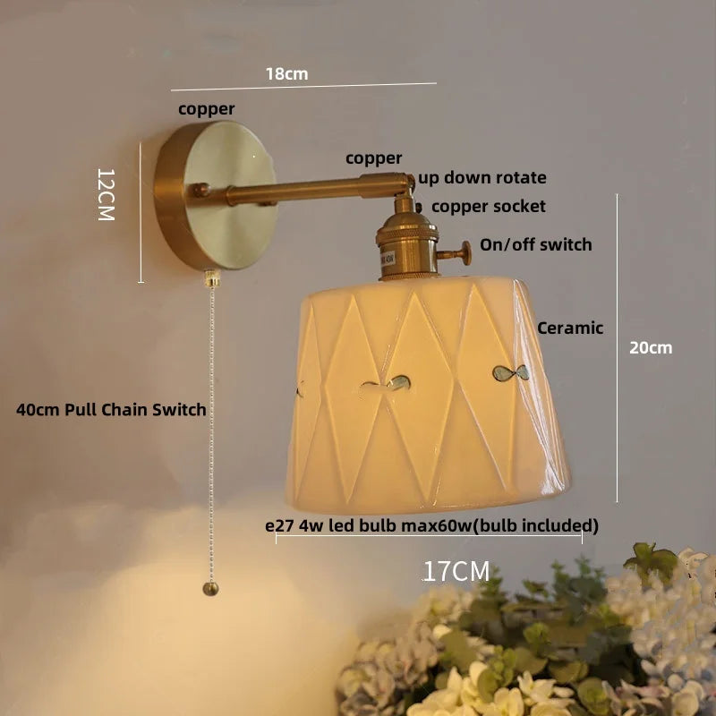 Afralia™ Ceramic Copper Wall Light Fixture with Pull Chain Switch, E27 LED, Modern Nordic Design
