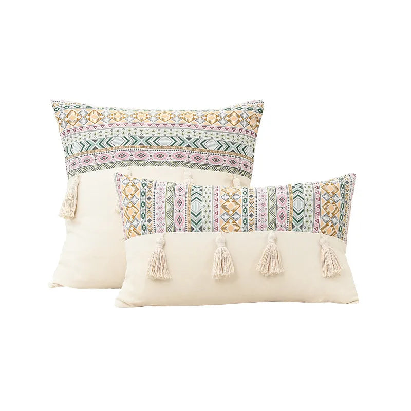 Afralia™ Handmade Tassel Cushion Cover Retro Jacquard Patchwork Fringed Pillow Cover