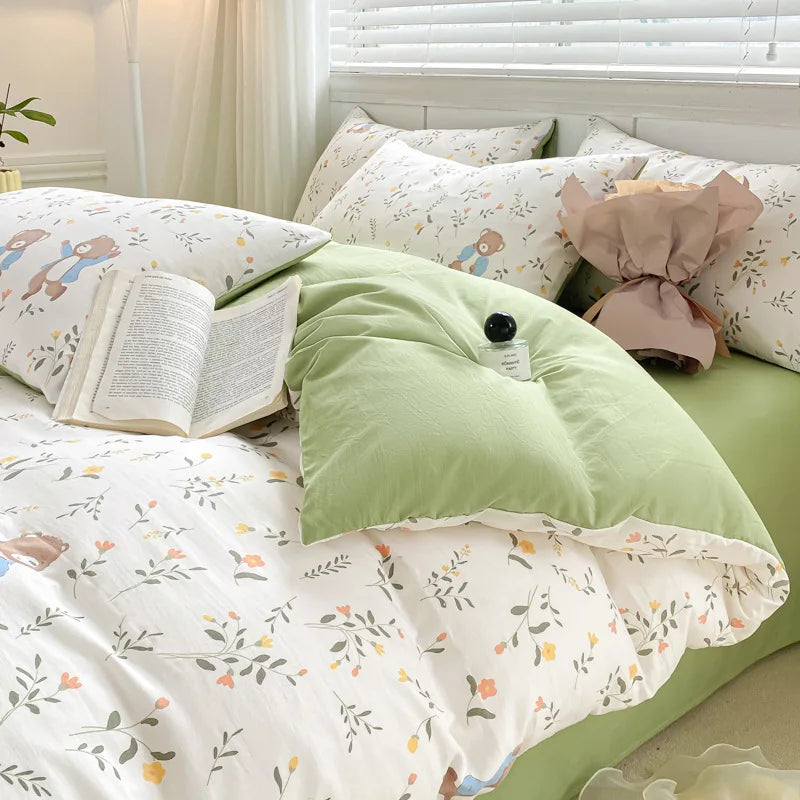Afralia™ Cartoon Heart Floral Print Duvet Set with Bed Sheet & Pillowcases