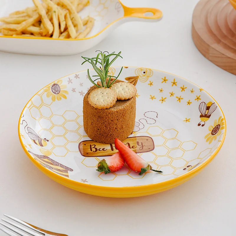 Afralia™ Hand-Painted Ceramic Little Bee Round Plate | Fruit Tray Dessert Dish Tableware