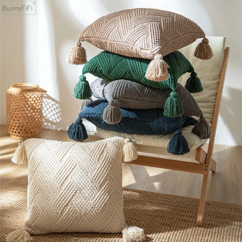 Afralia™ Twill Knit Tassel Cushion Cover 45x45cm in Ivory, Beige, Green, Grey