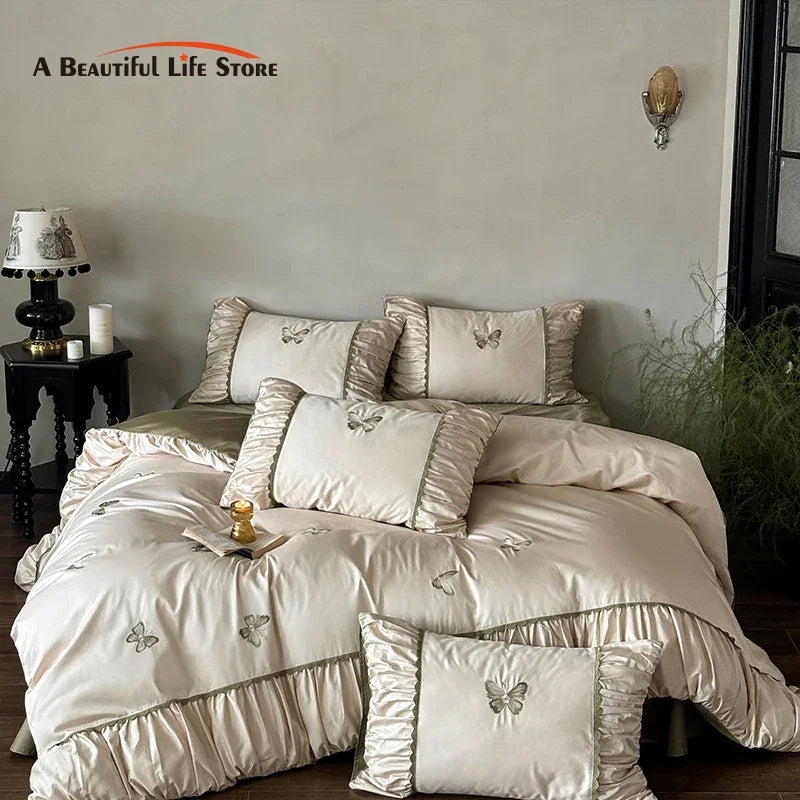 Afralia™ Butterfly Embroidery 1000TC Egyptian Cotton Bedding Set with Duvet Cover, Sheet, Pillowcases