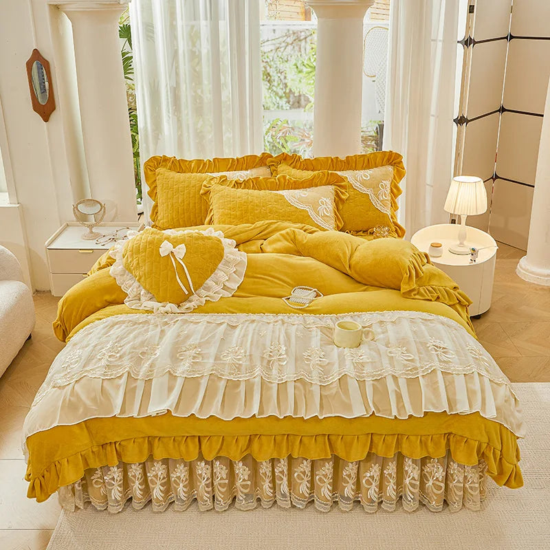 Afralia™ Princess Burgundy Red Velvet Bedding Set - Duvet Cover, Bed Skirt, Bedspread, Pillowcases