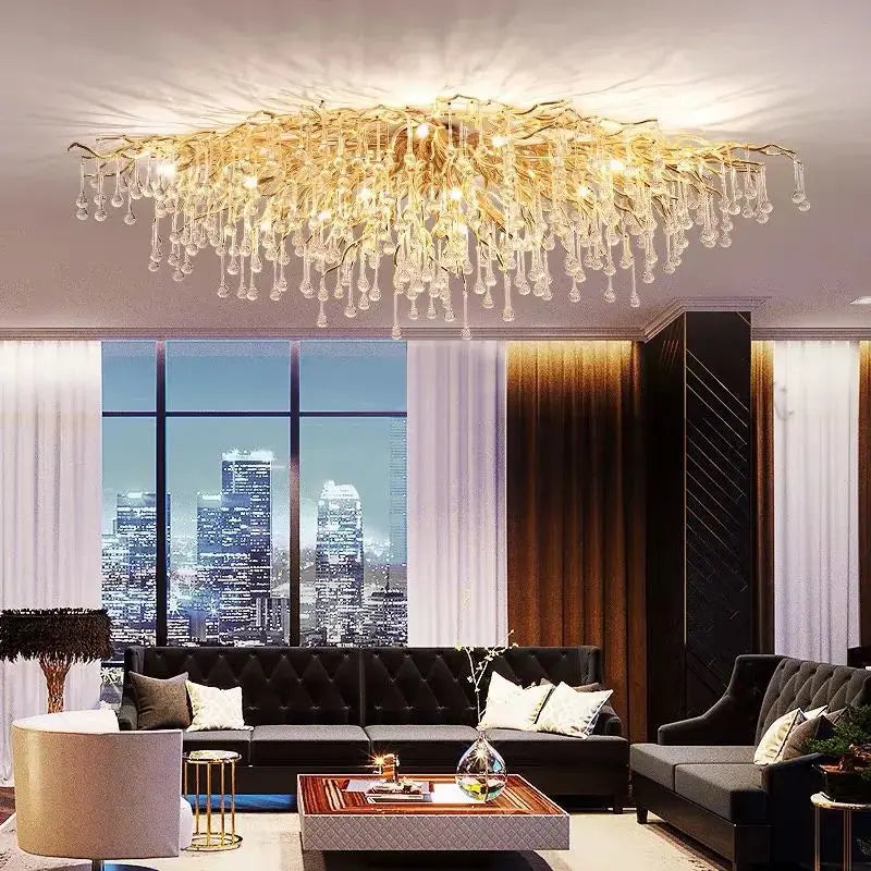 Afralia™ Water Drop Crystal Golden Chandelier for Living Room and Hotel Hall