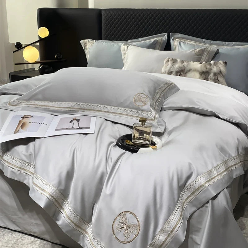 Afralia™ Luxury Butterfly Embroidery Champagne 4Pcs Bedding Set with Duvet Cover, Bed Sheet & Pillowcases