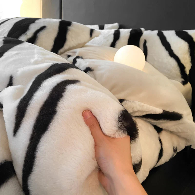Afralia™ Winter Zebra Print Bedding Set: Thick Milk Velvet, Soft & Warm bed sheet, duvet cover, pillowcase