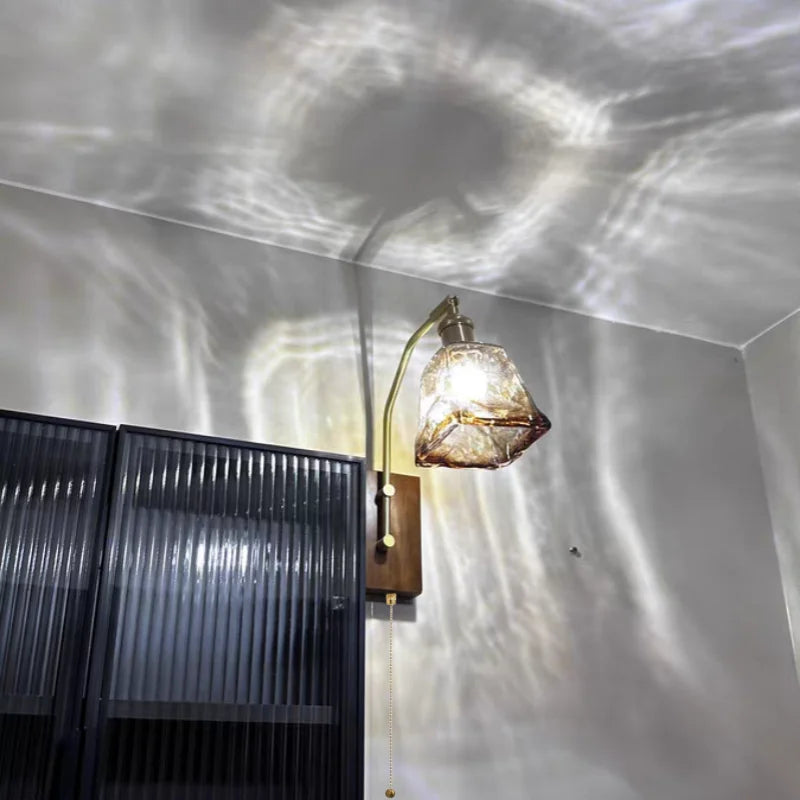 Afralia™ LED Glass & Wood Wall Lamp with Pull Chain Switch for Living Room, Bedroom, Bathroom