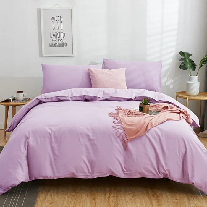 Afralia™ Cotton 4pcs Bedding Set Double Queen Solid Color Duvet Cover Flat Bed Sheet