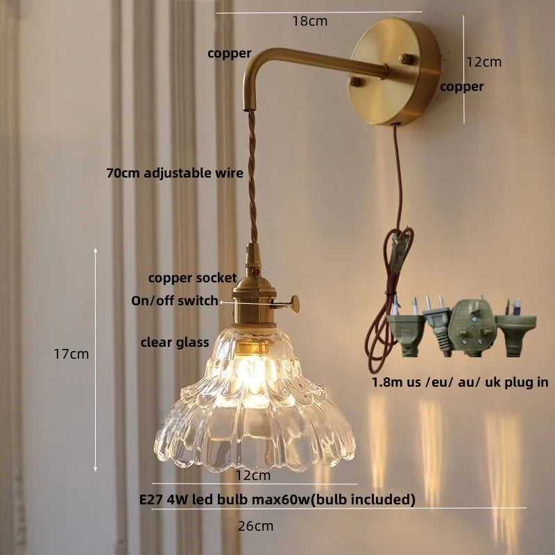 Afralia™ Modern Copper Flower Glass Wall Light with Pull Chain