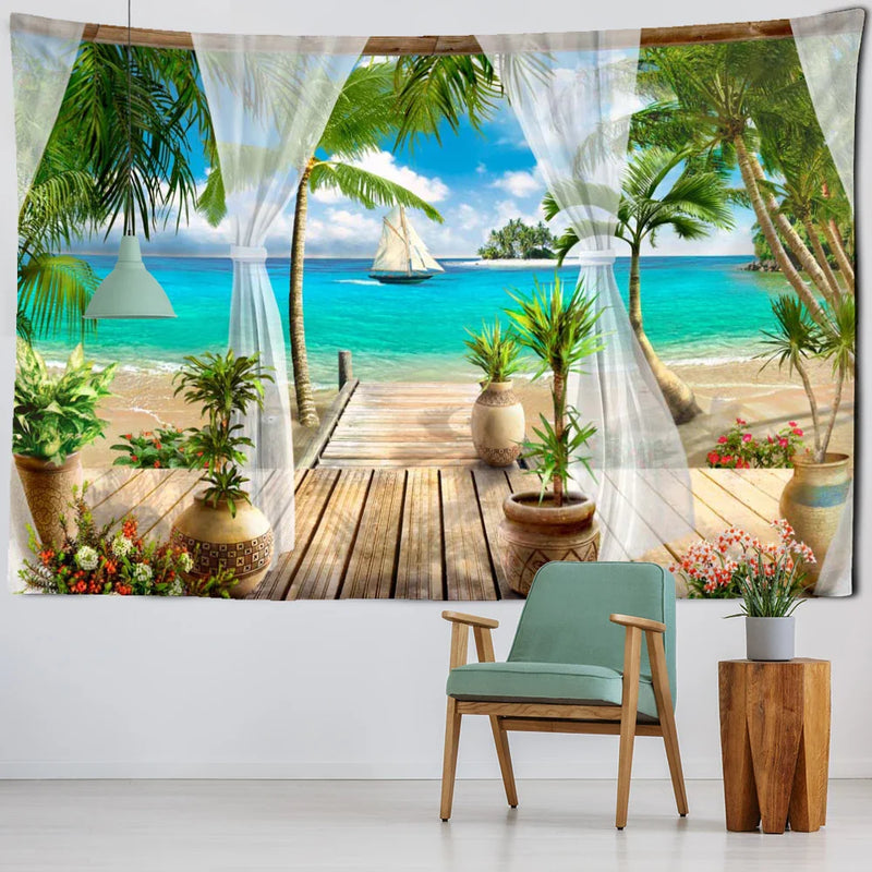 Beach Plank Path Tapestry - Afralia™ Tropical Landscape Art for Minimalist Room Decor