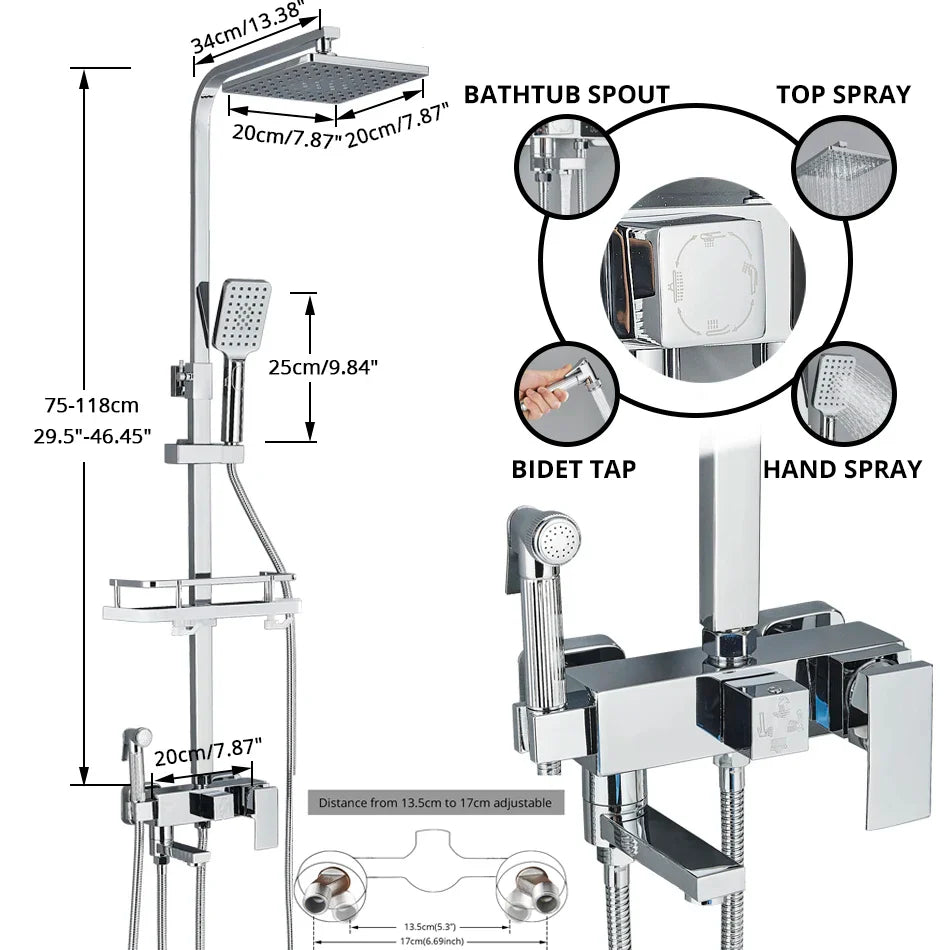Afralia™ Rainfall Shower Faucet System with Long Spout Mixer Set and Bidet Taps