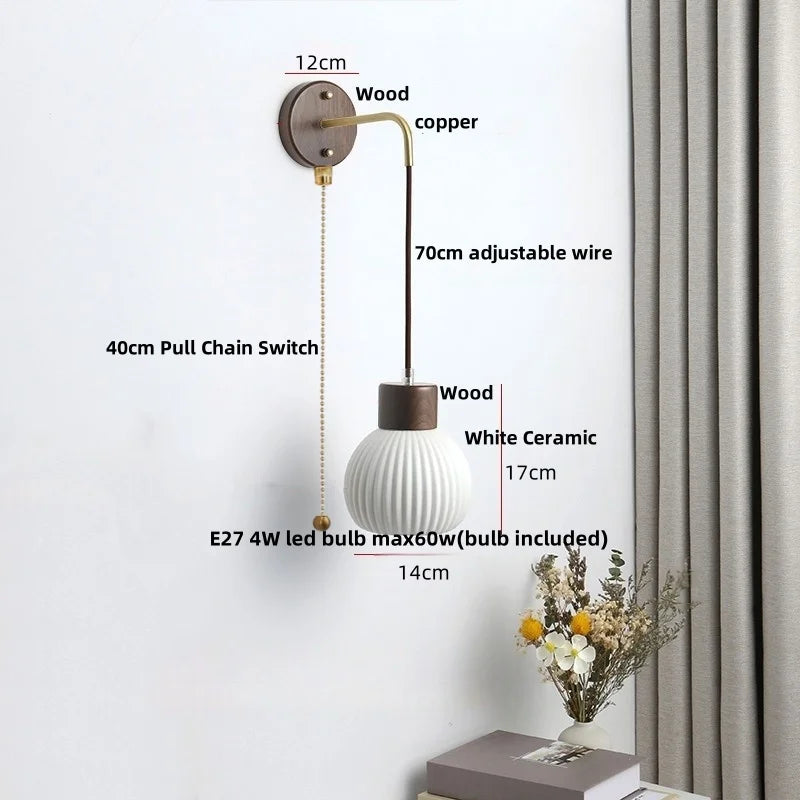 Afralia™ Nordic LED Wall Sconce Pull Chain Switch Ceramic Wood Mirror Light