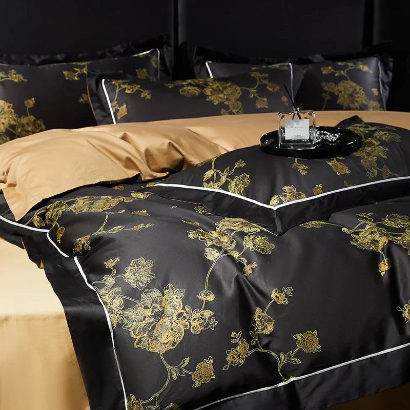 Afralia™ Gold Flowers Luxury Egyptian Cotton Bedding Set with 1000TC Soft Duvet Cover, Sheets, Pillowcases