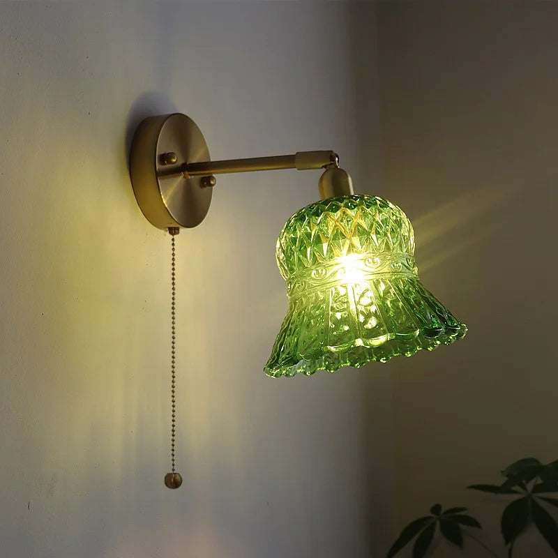 Afralia™ Vintage Copper Glass LED Wall Light with Pull Chain Switch for Dining Room Bedroom