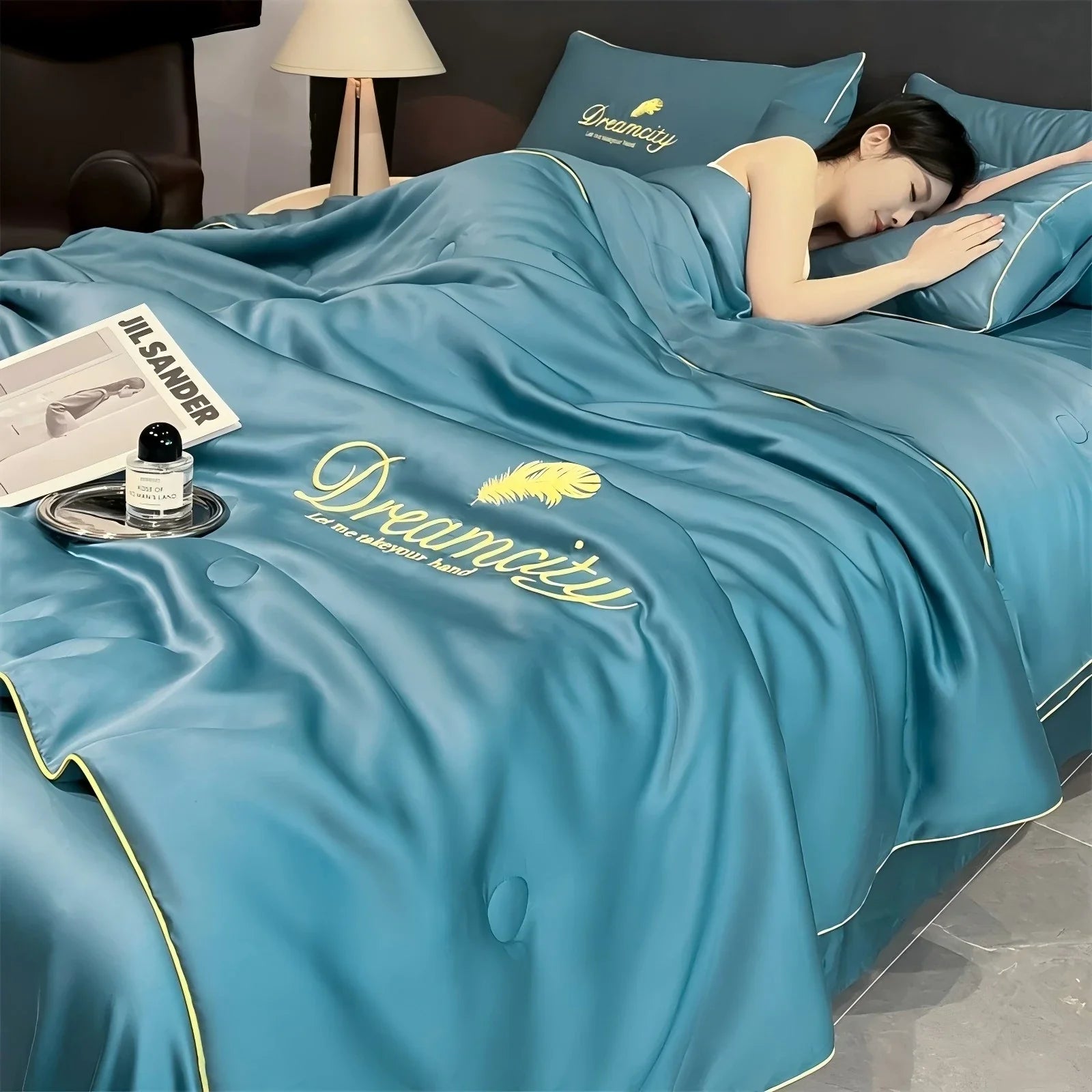 Afralia™ Nordic Style Floral Embroidered Ice Silk Comforter Set for Cooling Luxury Experience.