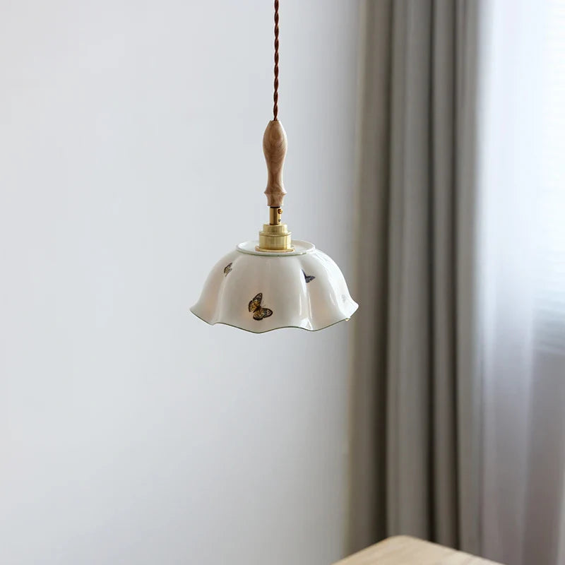 Afralia™ Butterfly Ceramic LED Pendant Lamp with Wooden Handle for Home Decor