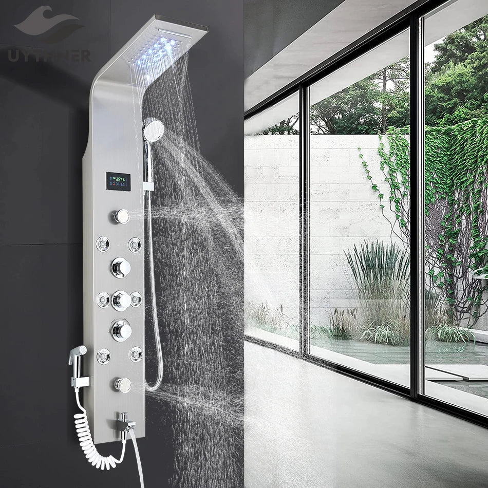Afralia™ LED Rainfall Shower Panel System Black/Brushed Finish