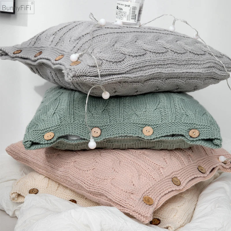 Afralia™ Soft Cotton Plait Knit Cushion Cover Vintage Ivory Grey Pink Solid 45cm*45cm