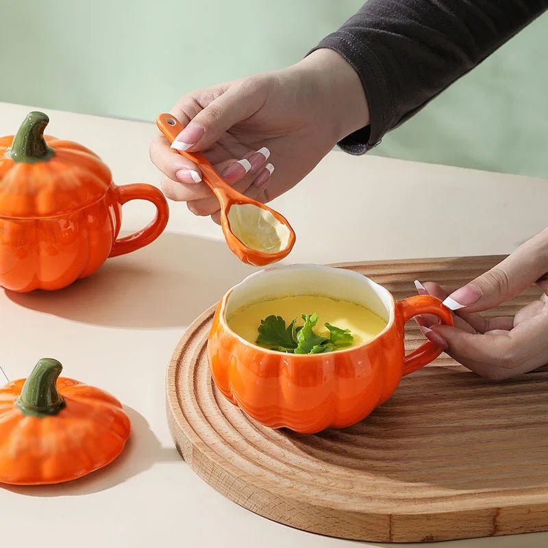 Afralia™ Pumpkin Mug with Spoon, Lid, for Kids, Soup, Oatmeal, Tea, Coffee