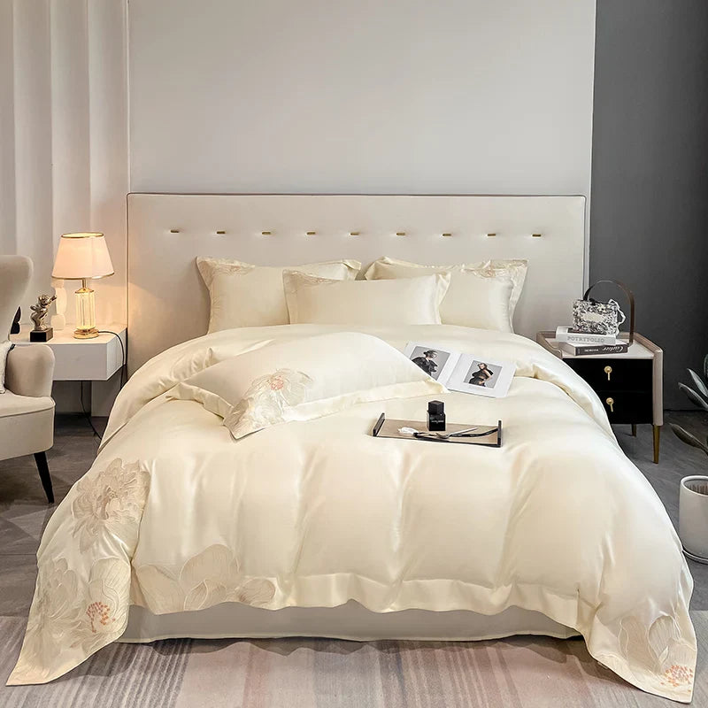 Afralia™ White Egyptian Cotton Flowers Embroidery Bedding Set | 600TC Duvet Cover, Sheet, Pillowcase