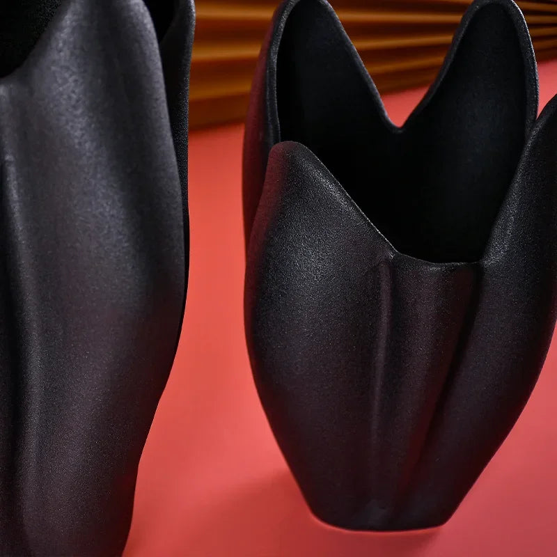 Afralia™ Black Texture Ceramic Vase Irregular Crafts Flower Arrangement Home Decoration