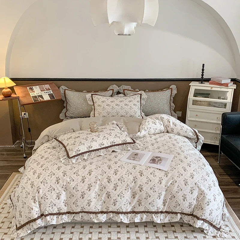 Afralia™ French Floral Bedding Set, 100% Cotton, Ruffles, Duvet Cover, Bed Sheet, Pillowcases