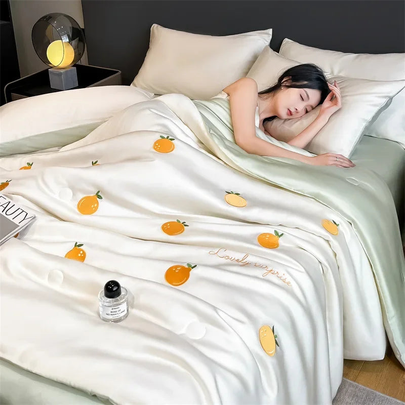 Afralia™ Washed Satin Embroidered Cool Blanket - Soft Skin-Friendly Summer Quilt