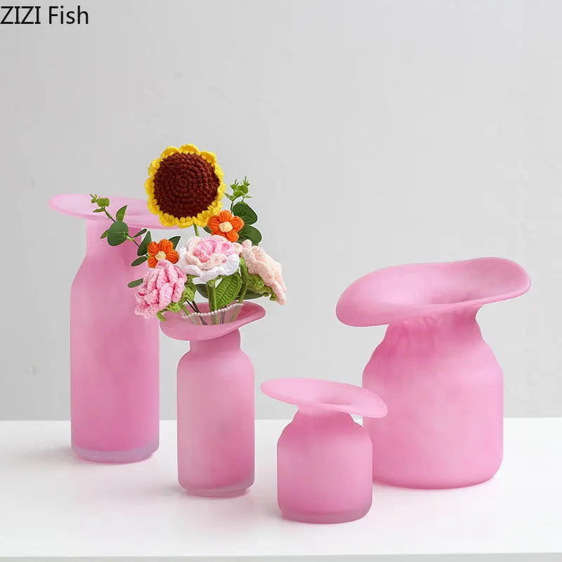 Afralia™ Matte Pink Glass Vase Flowers Arrangement Irregular Bottle Mouth Floral Vase