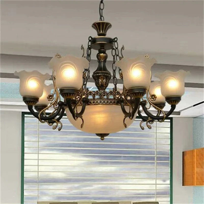 Afralia™ Classic Wrought Iron Chandelier with Glass Lampshade for Home Decor Lighting