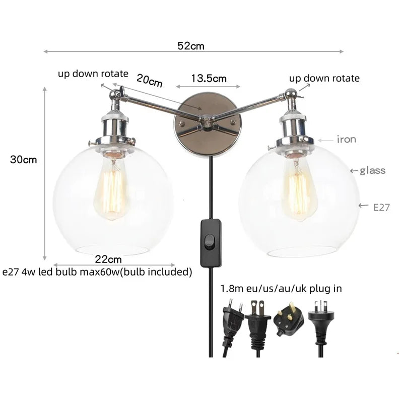 Afralia™ Retro LED Wall Light with Pull Chain Switch, 2 Heads Sconce for Living Room