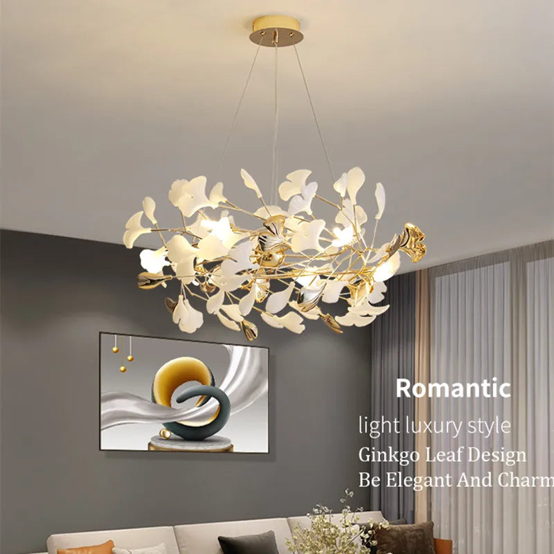 Afralia™ Gold Branches Chandelier with Porcelain Leaves Pendant Light - Luxury Living room Decor