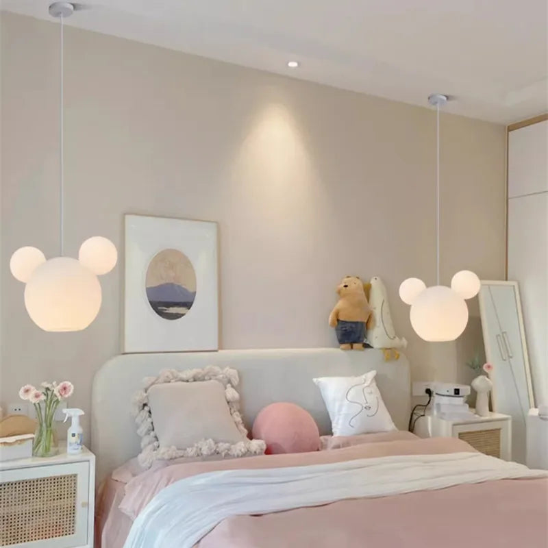 Afralia™ Mickey Mouse Glass Pendant Light - Minimalist Cartoon Bedroom Decor