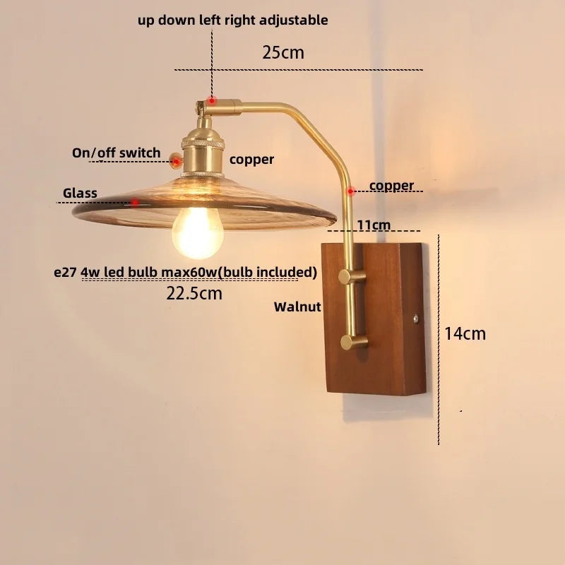 Afralia™ Walnut Wood LED Wall Light Nordic Modern Glass Pull Chain Switch