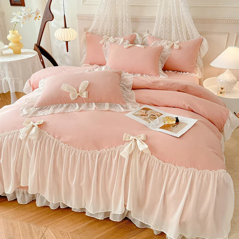 Afralia™ Korean Lace Bow Bedding Set: Luxury Princess Quilt Cover for Girls Wedding Home Textiles