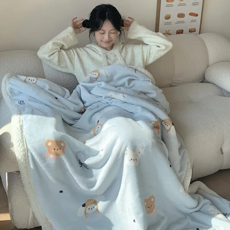 Afralia™ Cartoon Lamb Wool Blanket - Thick, Printed Coral Fleece Sofa Cover
