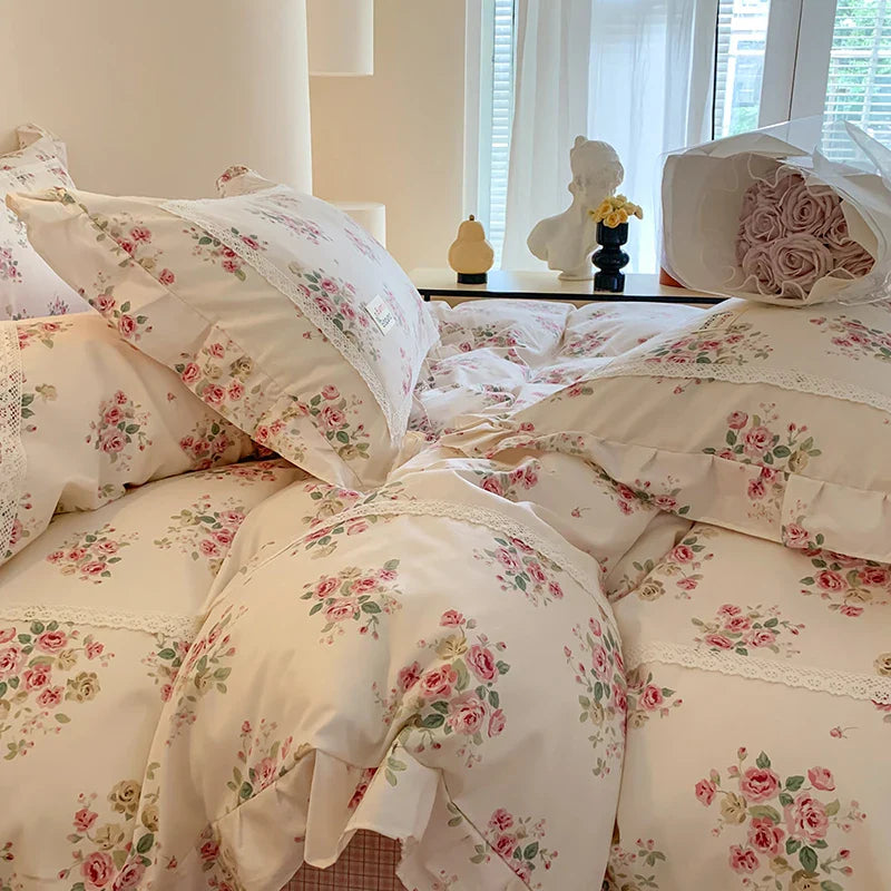 Afralia™ Princess Pastoral Cotton Bedding Set with Lace Ruffles & Floral Design