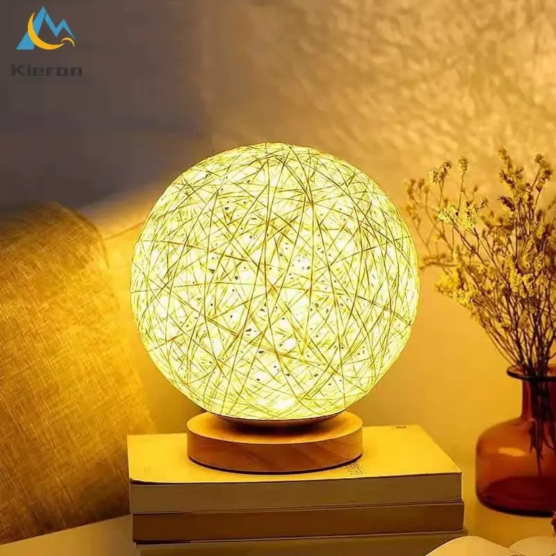 Afralia™ Rattan Ball Solid Wood LED Table Lamp for Living Room and Bedroom