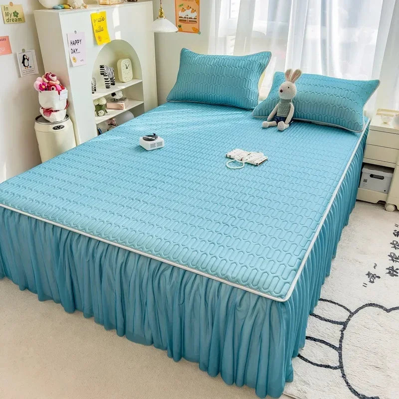 Afralia™ Cool Fabric Latex Bed Skirt Set: Solid Color Summer Mat with Elastic Band