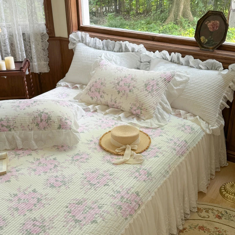 Afralia™ Lace Ruffles Bed Skirt Set with Pillowcases for 1.2-2M Beds
