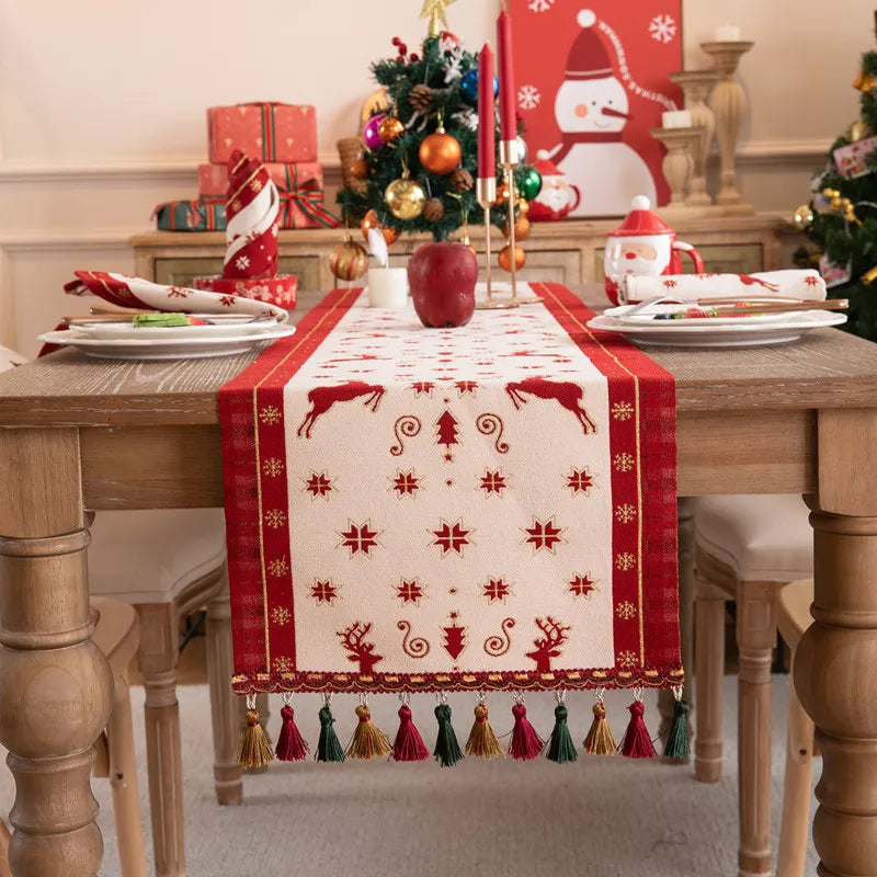 Afralia™ Christmas Cartoon Jacquard Table Runner with Embroidered Tassel - Festive Dining Room Decor